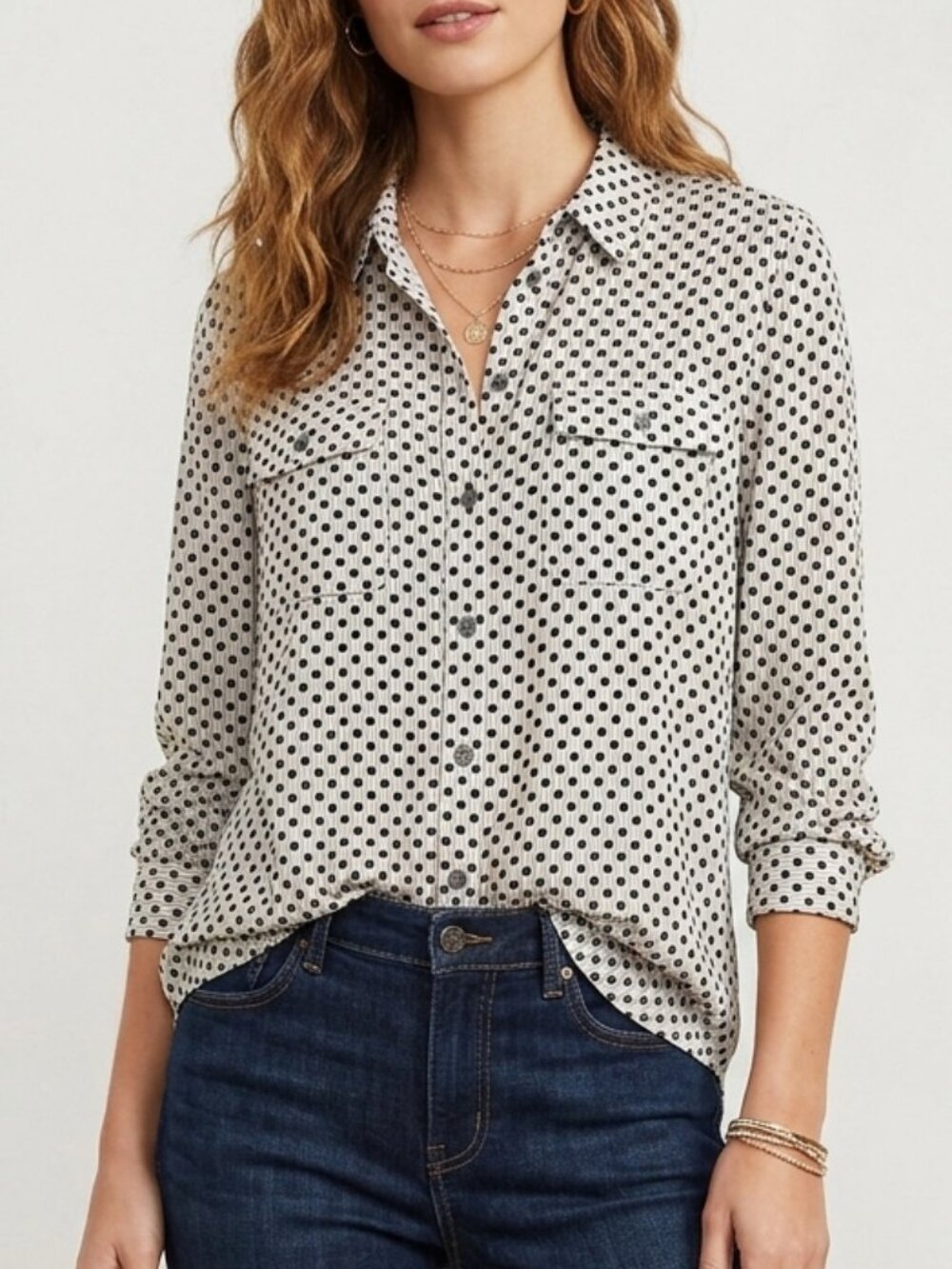 LOFT Black and Off-White Polka Dot Button-Up Long Sleeve Blouse Sz M